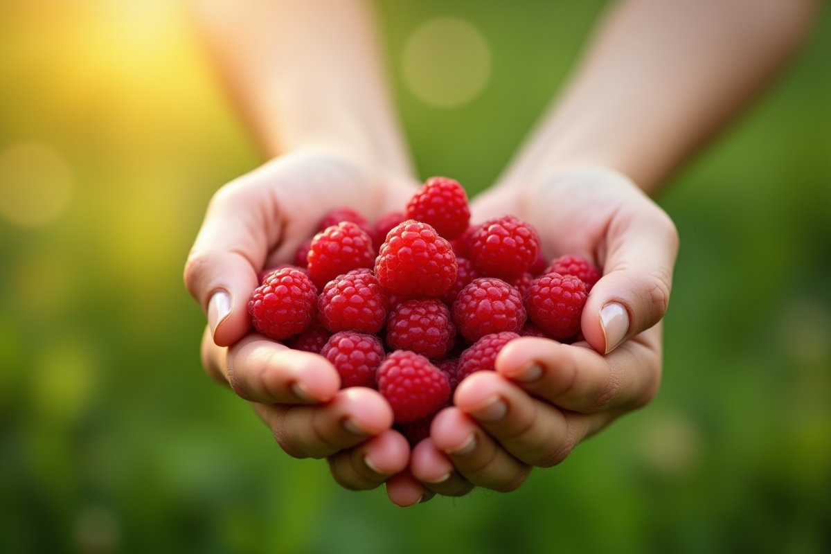 Une poignée de framboises dans des mains en extérieur au matin