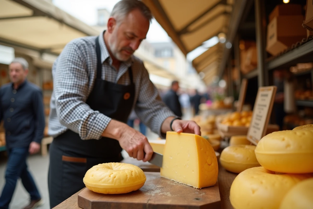 Fromager découpant un morceau de Beaufort au marché fermier en plein air