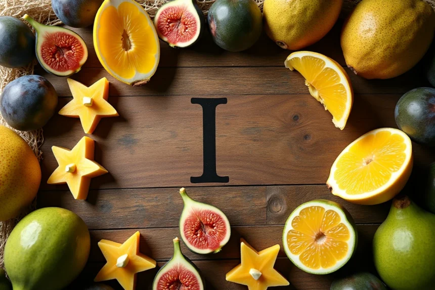 Arrangement de fruits exotiques commençant par la lettre I sur une table en bois rustique, vue de dessus, style photo éditoriale alimentaire