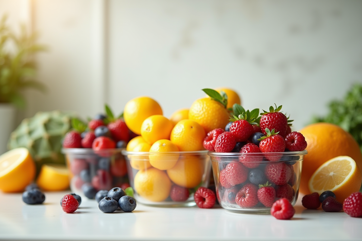Fruits frais disposés dans des contenants en cuisine lumineuse