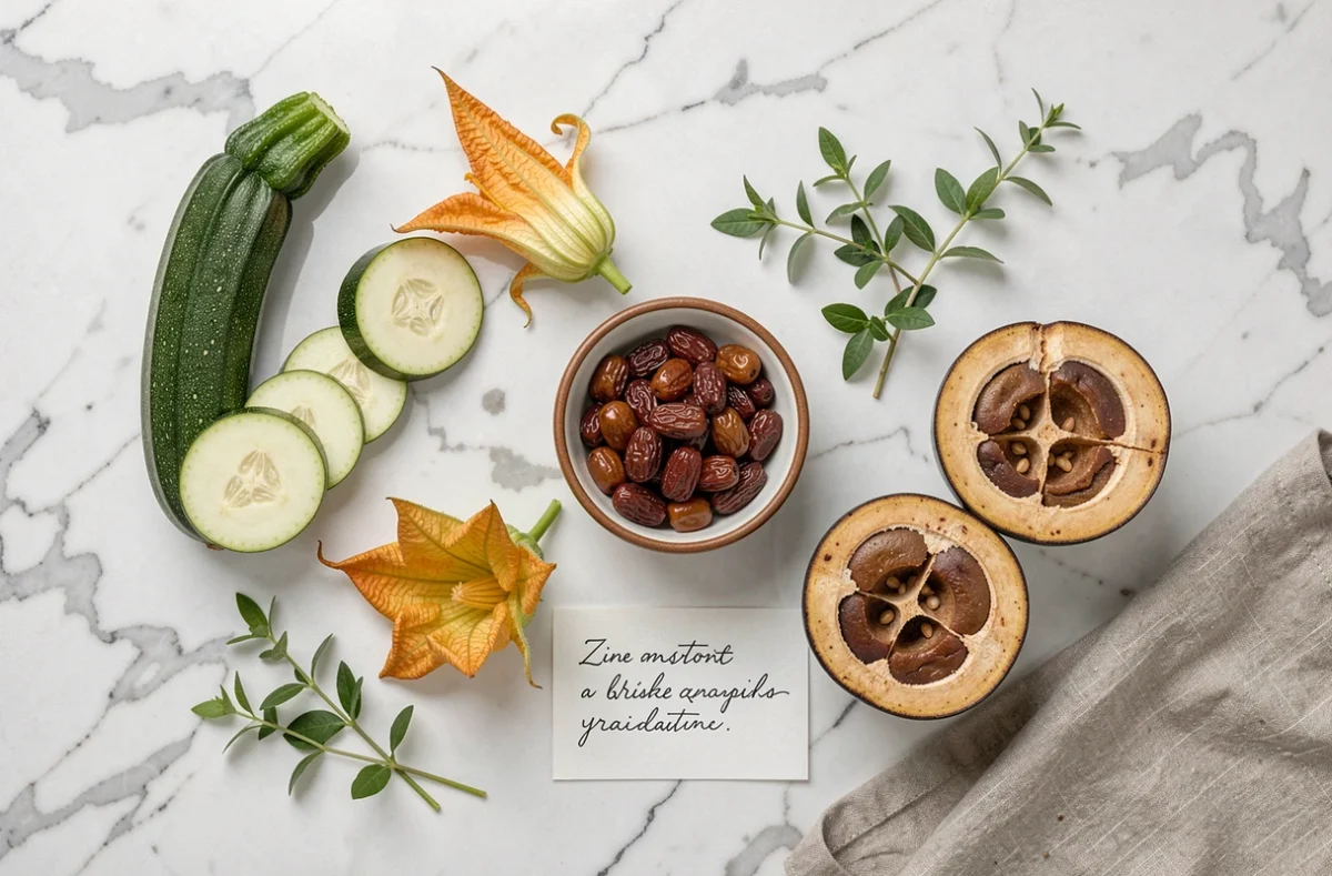 Assortiment de fruits et légumes en Z photographiés en flat lay sur marbre blanc : courgette, jujube, zapote et fleur de courgette