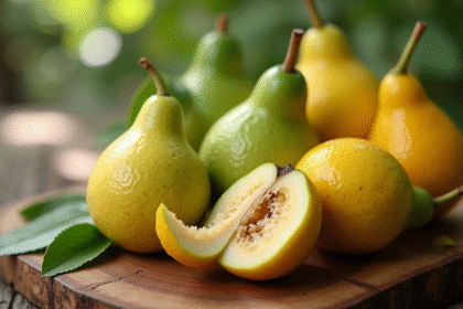 Fruits de quenette frais sur une planche en bois naturel