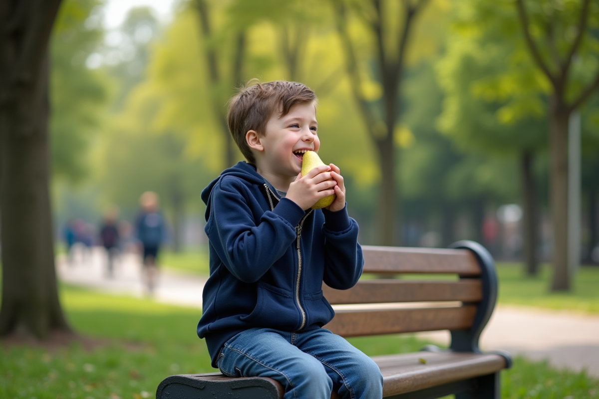 Garçon riant avec poire dans un parc en plein air