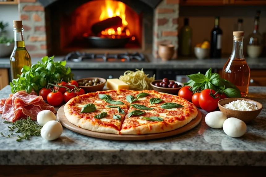 Vue d'ensemble des garnitures de pizza italiennes classiques disposées sur un comptoir en marbre dans une cuisine napolitaine traditionnelle