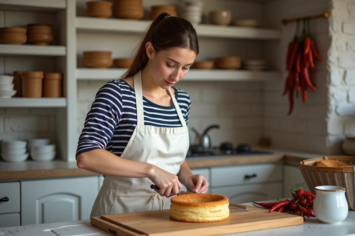 Pâtissière basque découpant un gâteau basque traditionnel dans une boulangerie de Dancharia