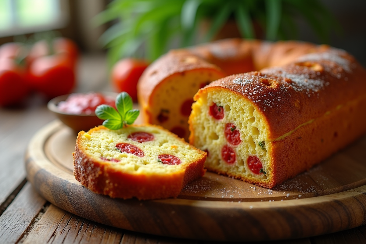 Gâteau au chorizo tranché sur planche en bois rustique