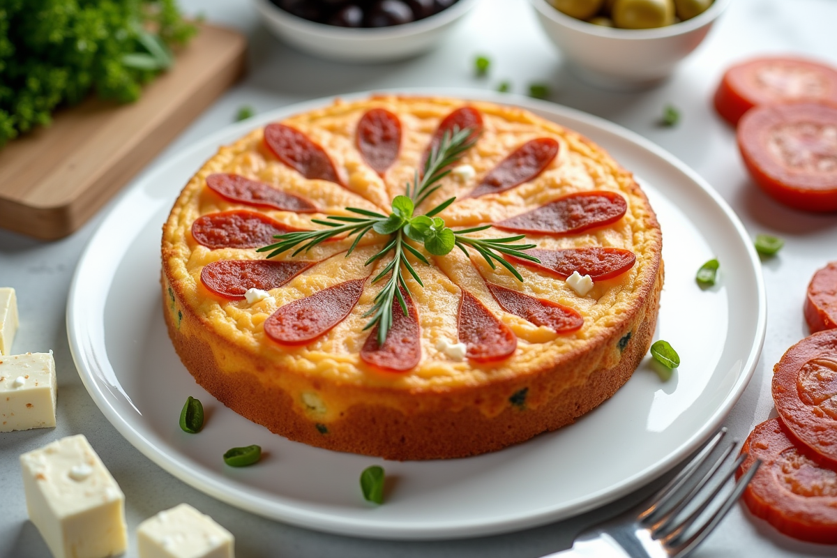 Gâteau entier doré avec chorizo et feta sur assiette blanche