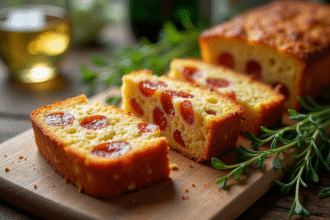 Gâteau salé tranché avec chorizo et feta sur planche en bois