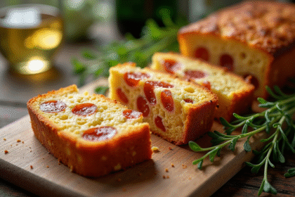 Gâteau salé tranché avec chorizo et feta sur planche en bois