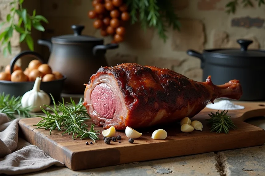 Gigot de chevreuil rôti posé sur une planche en chêne entouré d'herbes aromatiques et d'épices dans une cuisine rustique