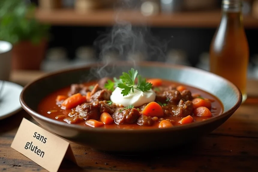 Bol de goulash hongrois sans gluten fumant servi sur une table en bois rustique avec crème fraîche et persil frais