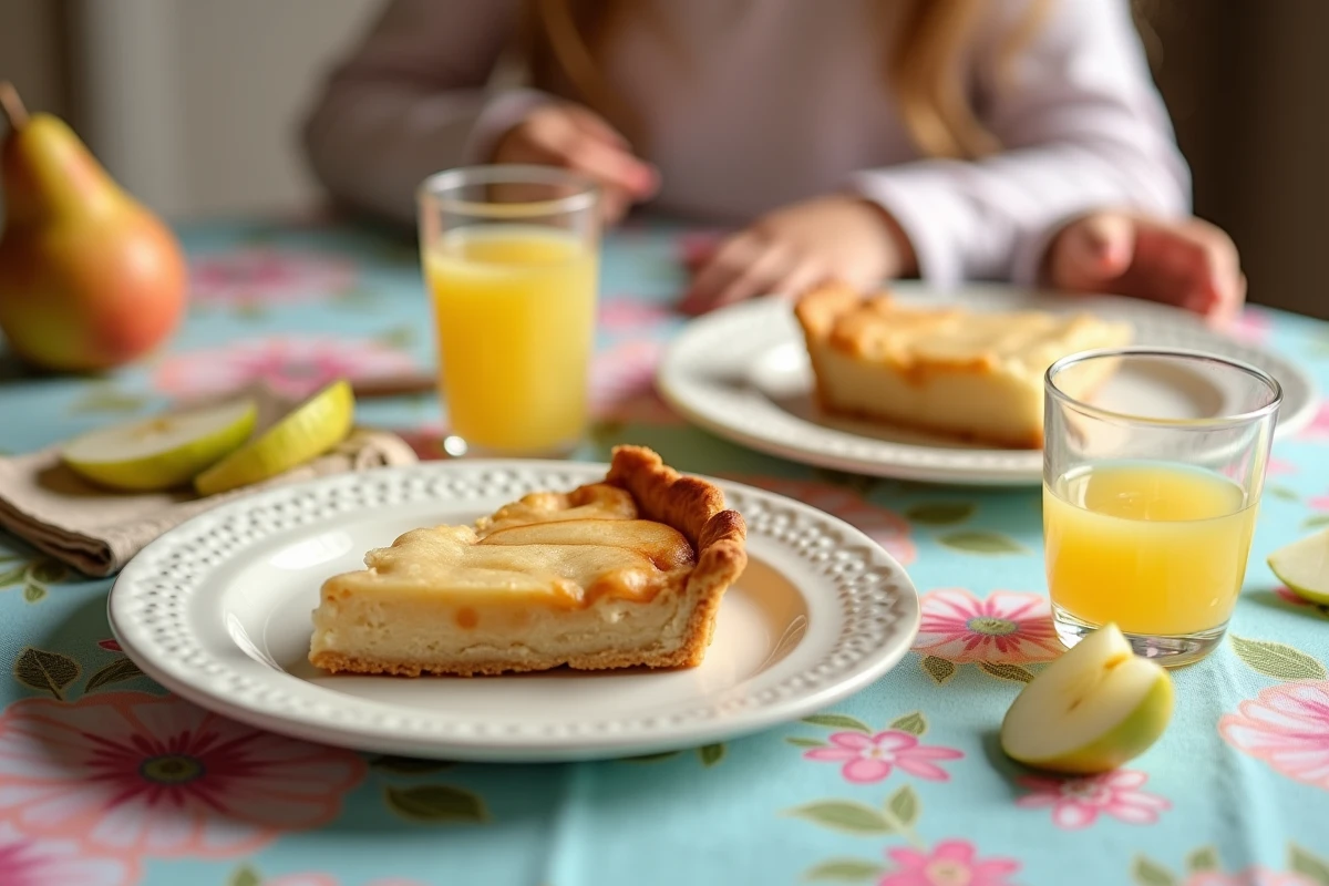 Deux parts de tarte aux poires servies dans des assiettes en céramique pour le goûter des enfants, avec des verres de jus de pomme sur une nappe colorée