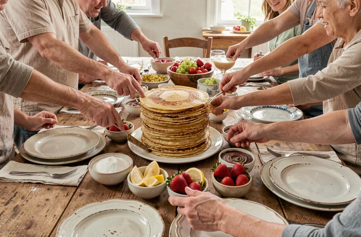 Grande tablée familiale autour d'une pile de crêpes dorées avec garnitures variées pour un repas convivial