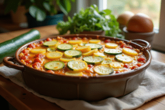 Gratin de courgettes et pommes de terre doré dans un plat rustique