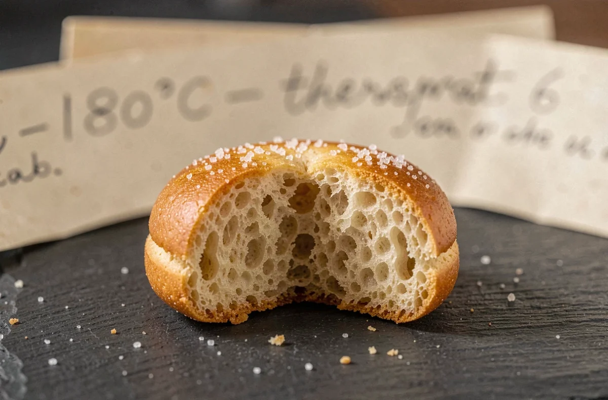 Gros plan d'un biscuit doré cassé en deux révélant sa texture intérieure cuite à 180 degrés thermostat 6
