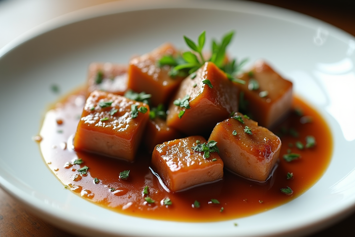 Gros plan de morceaux de lapin en sauce aux prunes sur une assiette blanche