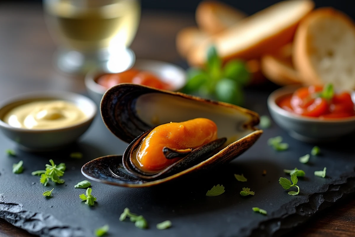 Gros plan d'une moule ouverte sur ardoise avec sauces à tremper, baguette et vin blanc pour apéro dinatoire