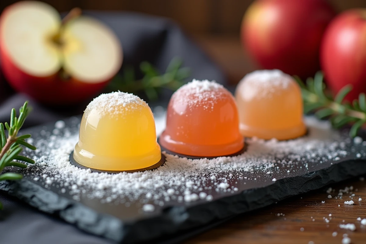 Gros plan de trois pâtes de fruit à la pomme colorées sur une ardoise avec du sucre cristallisé et une pomme coupée