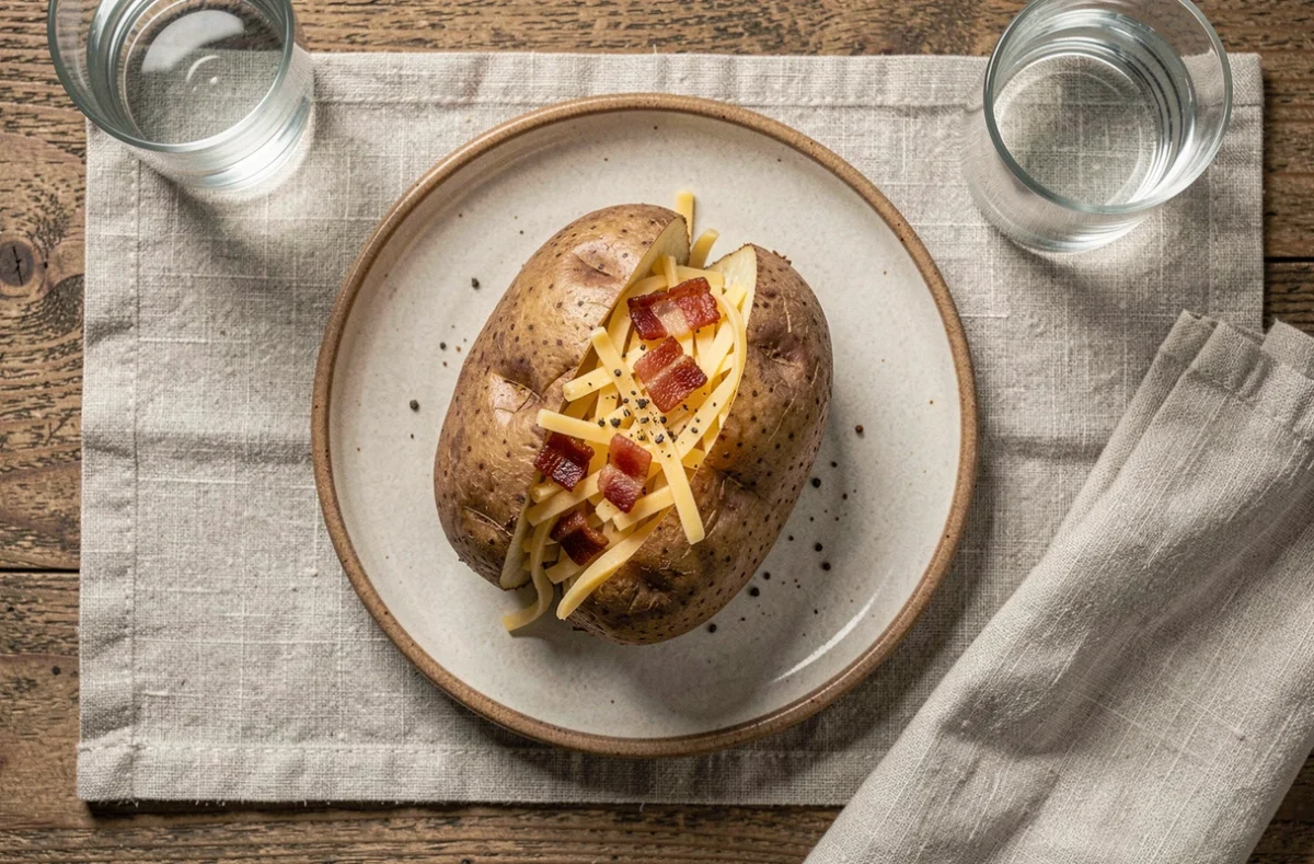 Gros plan vue du dessus d'une pomme de terre au four garnie de fromage et lardons sur assiette en céramique avec napperon en lin