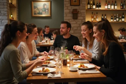 Groupe de personnes souriantes partageant un repas convivial à Luci Argenteuil