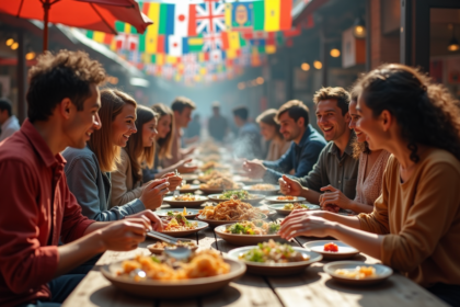 Groupe divers partageant des plats du monde entier