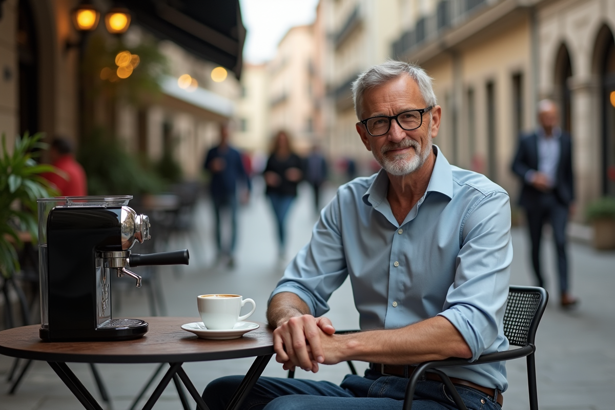 Homme dégustant un espresso sur une terrasse urbaine en extérieur
