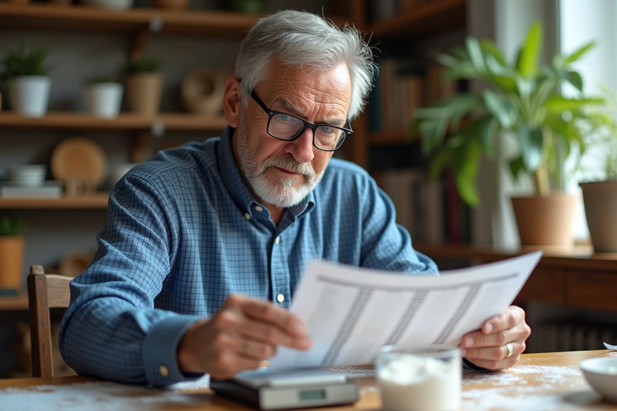 Homme âgé vérifiant tableau de conversion farine