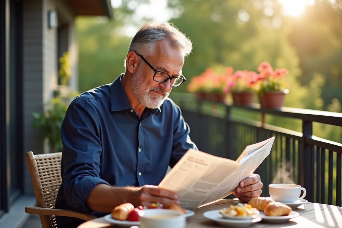 Homme lisant un journal au petit déjeuner en extérieur