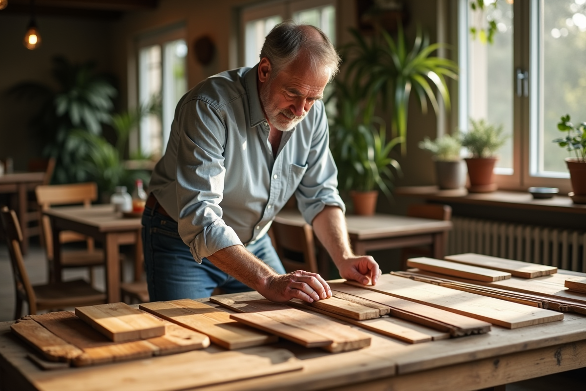 Homme arrangeant des planches en bois sur une table rustique