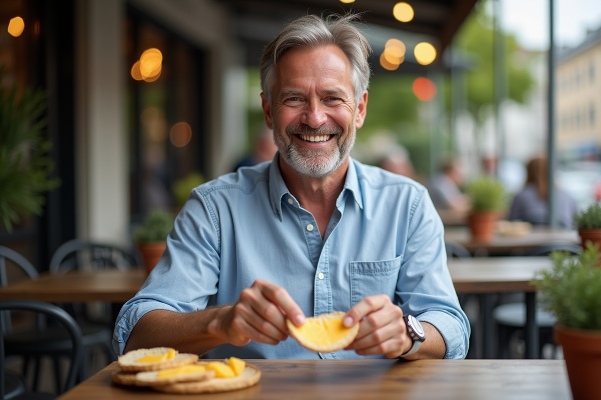 Homme souriant dégustant du fromage en terrasse de café
