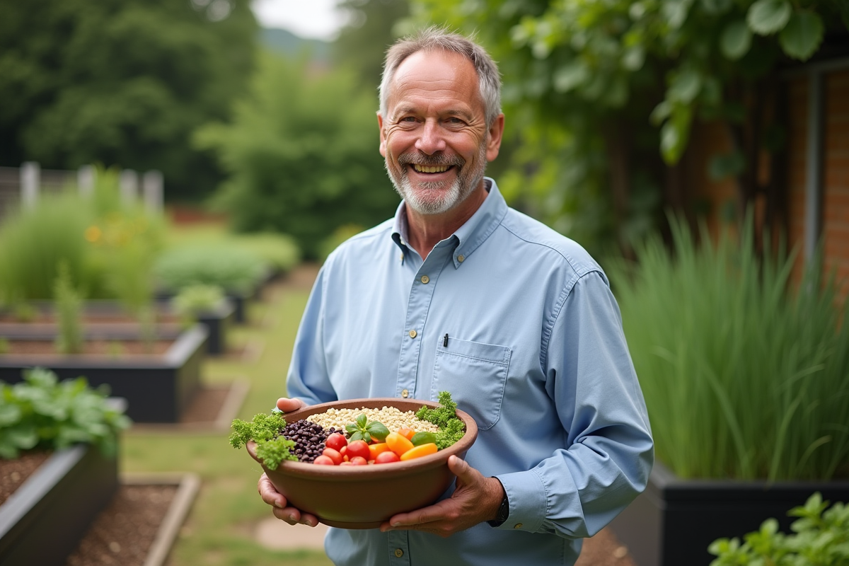Homme dans le jardin avec un bol de salade fraîche