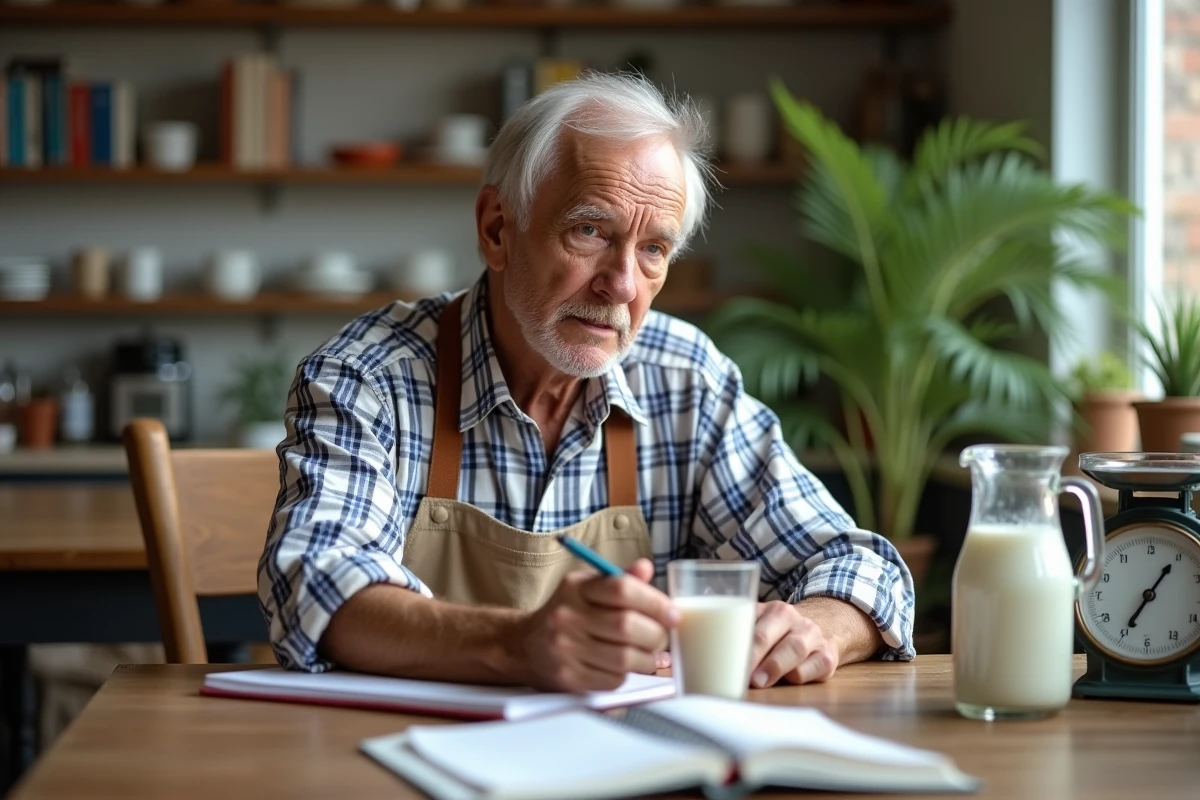Homme âgé note dans un environnement lumineux et rustique