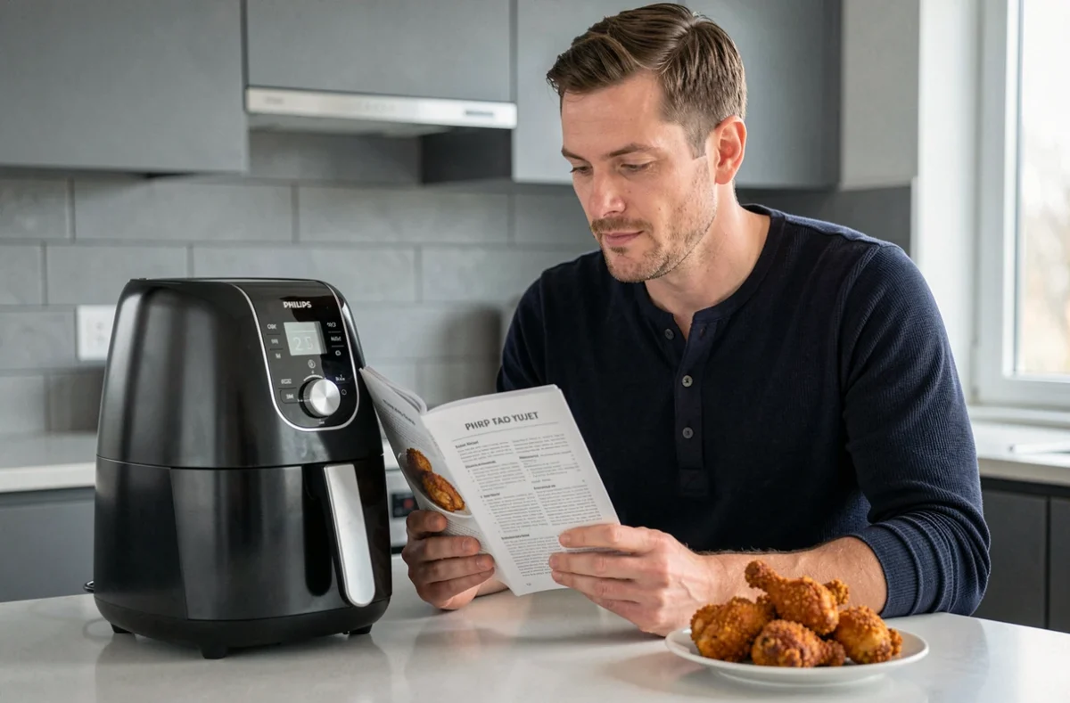 Homme consultant un livre de recettes airfryer Philips avec du poulet croustillant sur un îlot de cuisine contemporain