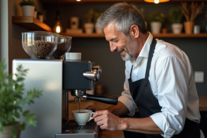 Homme surveillant une machine espresso dans une cuisine chaleureuse