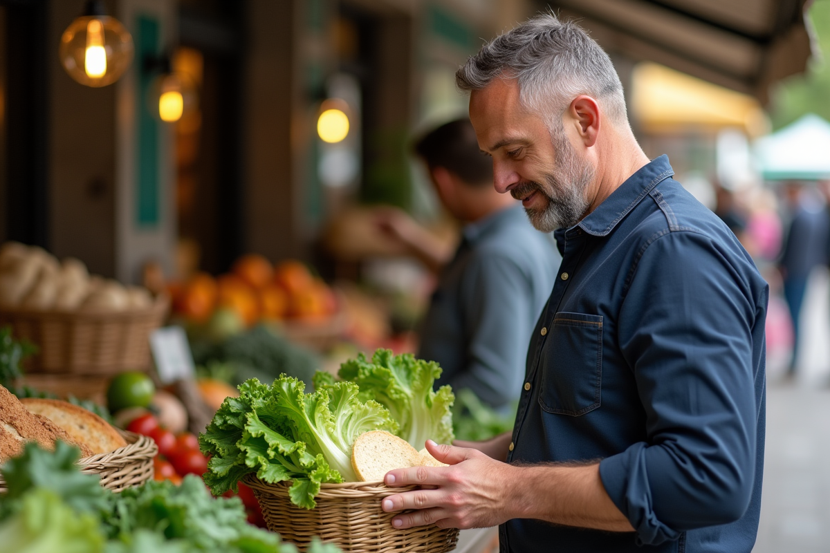 Homme examine des produits bio au marché en plein air