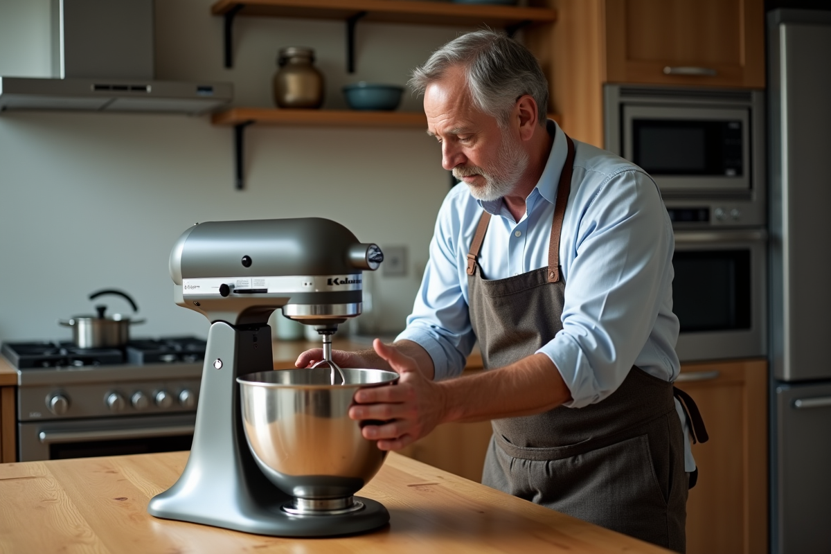 Homme vérifiant un mixeur ancien sur un plan de travail
