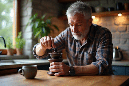 Homme d'âge moyen moulant du café dans une cuisine chaleureuse