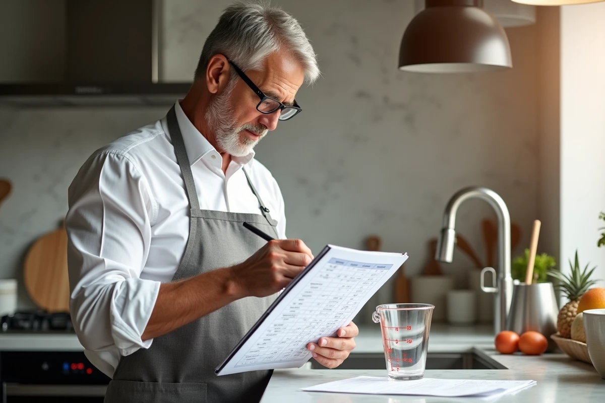 Homme notant sur un carnet de conversion en cuisine moderne