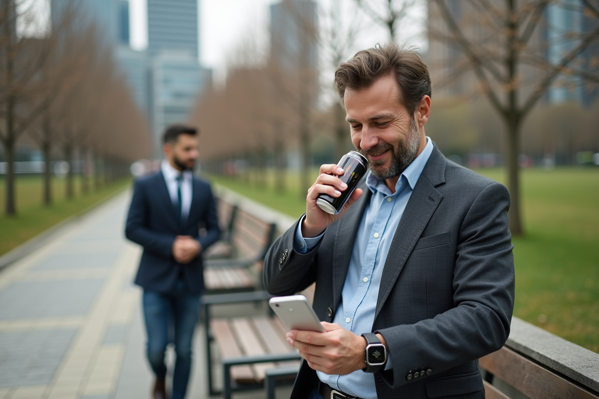 Homme d age moyen buvant energisant dans un parc urbain