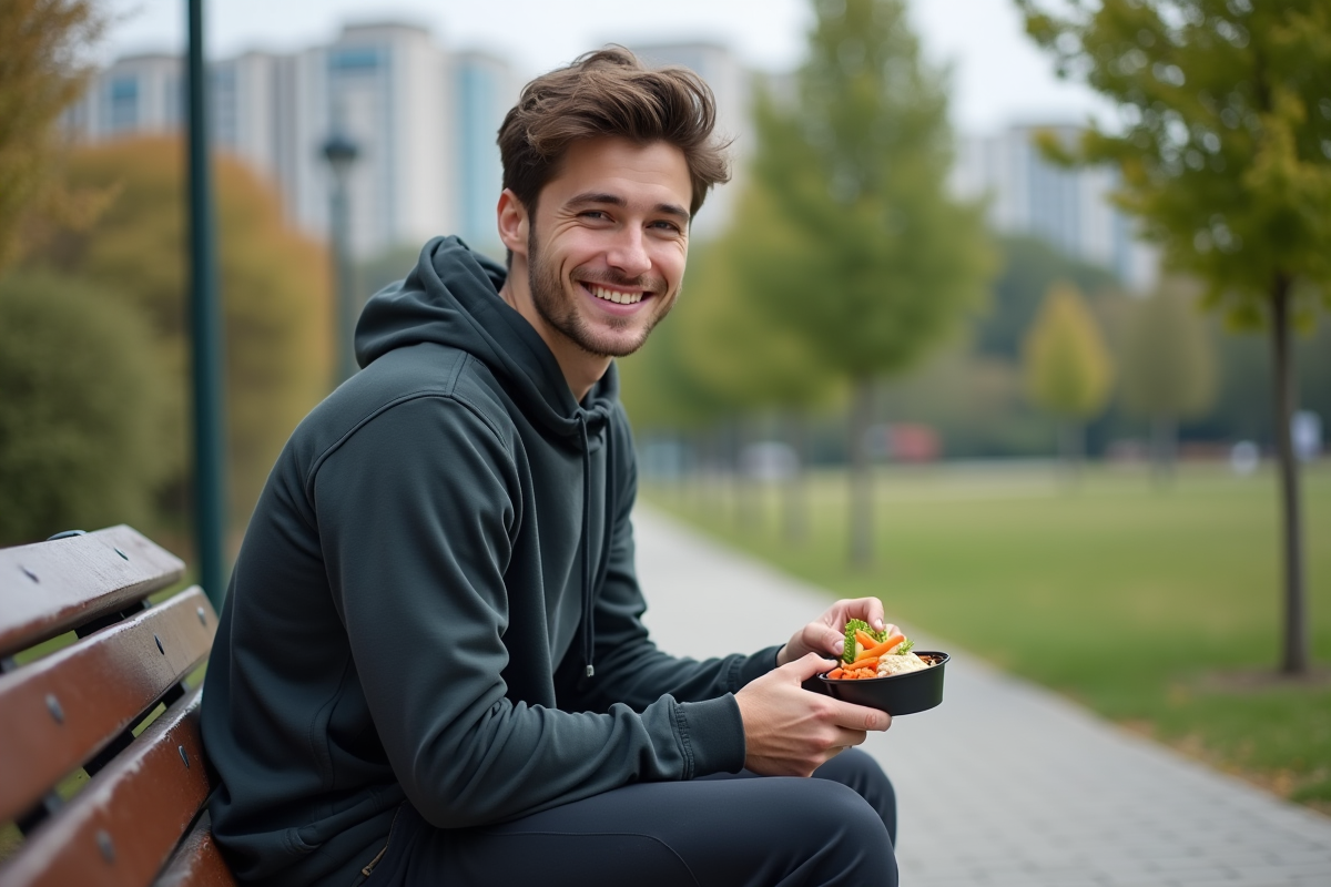 Jeune homme dans un parc dégustant des légumes