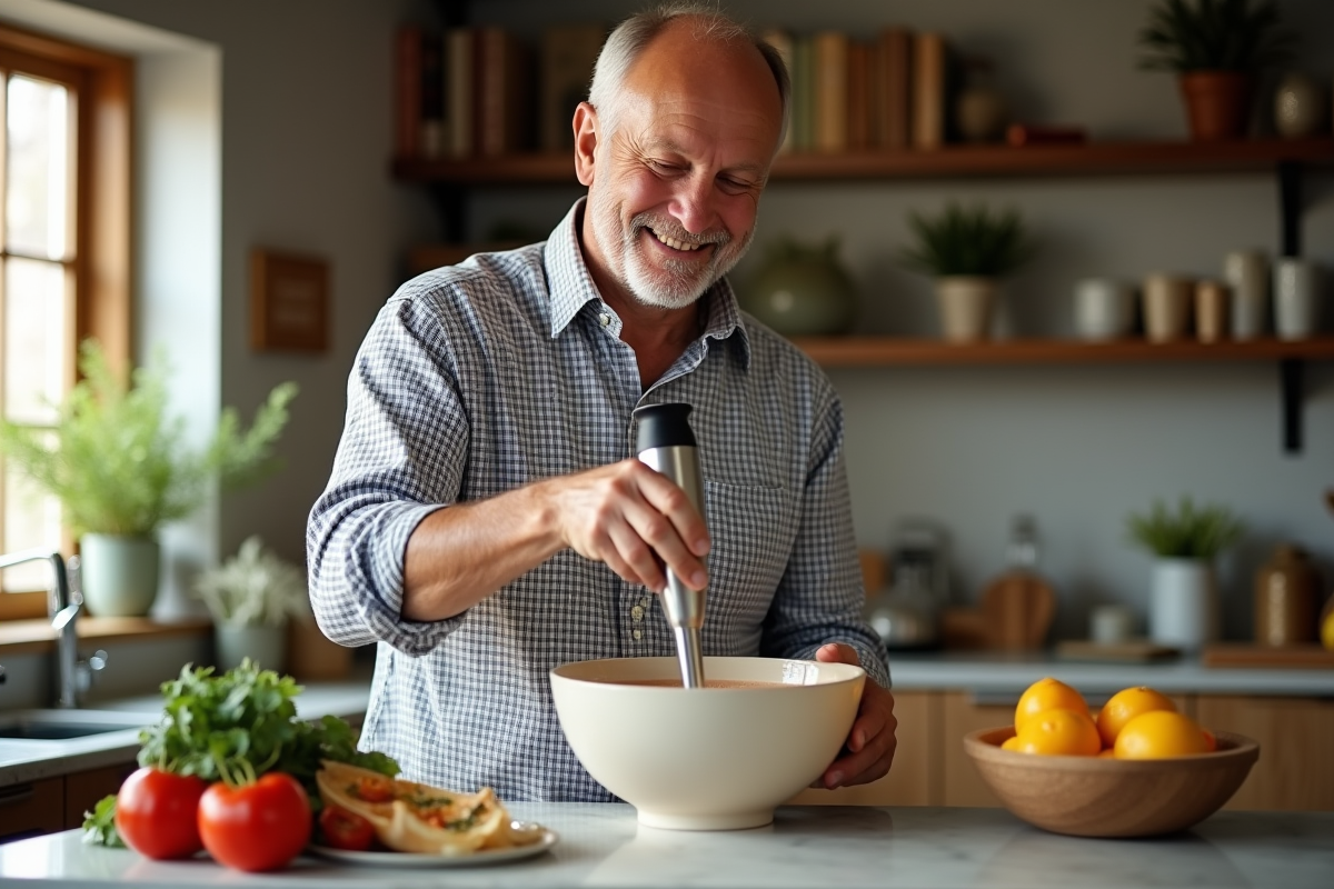 Homme préparant un smoothie dans une cuisine chaleureuse