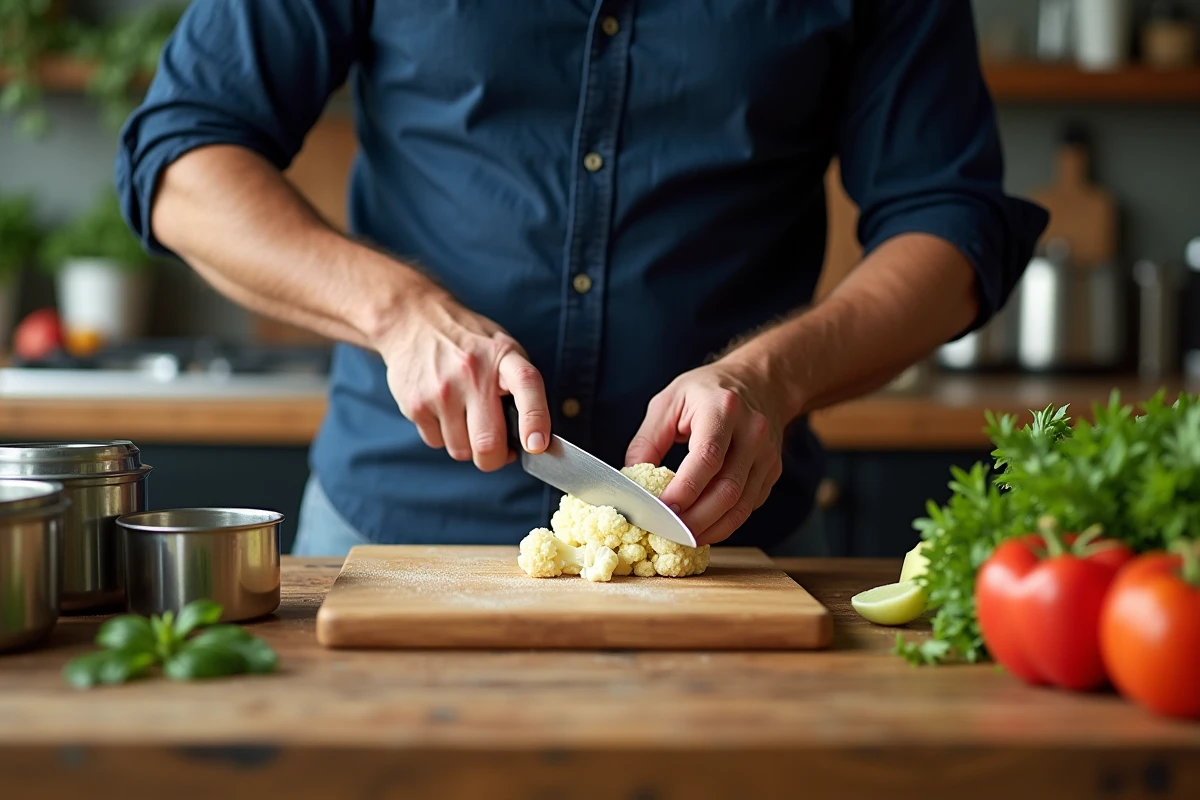 Homme coupant du chou-fleur vapeur sur planche en bois