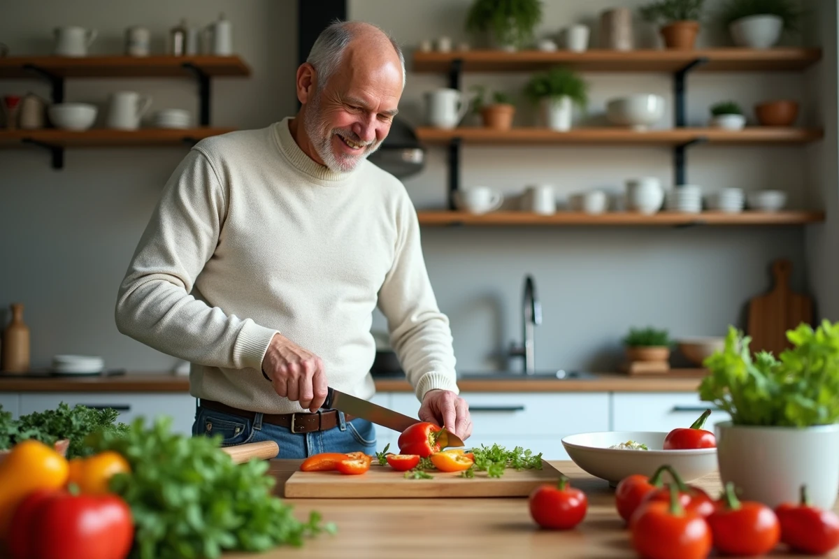Homme préparant une salade de légumes dans la cuisine
