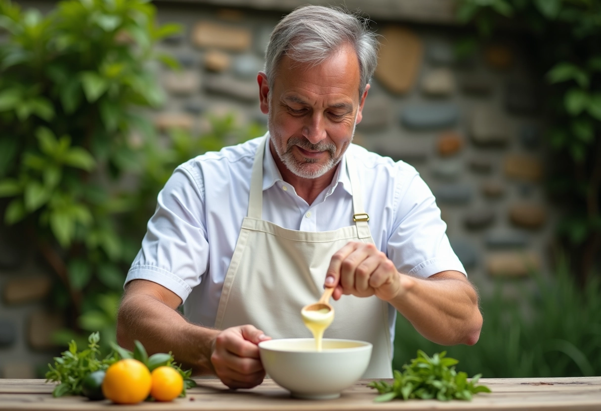 Homme en extérieur mélangeant des herbes dans la mayonnaise