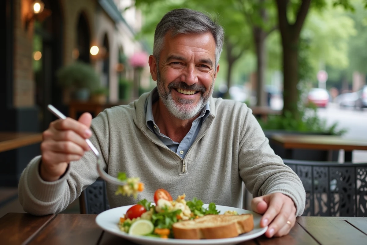 Homme dégustant un brunch vegetarien en terrasse de cafe