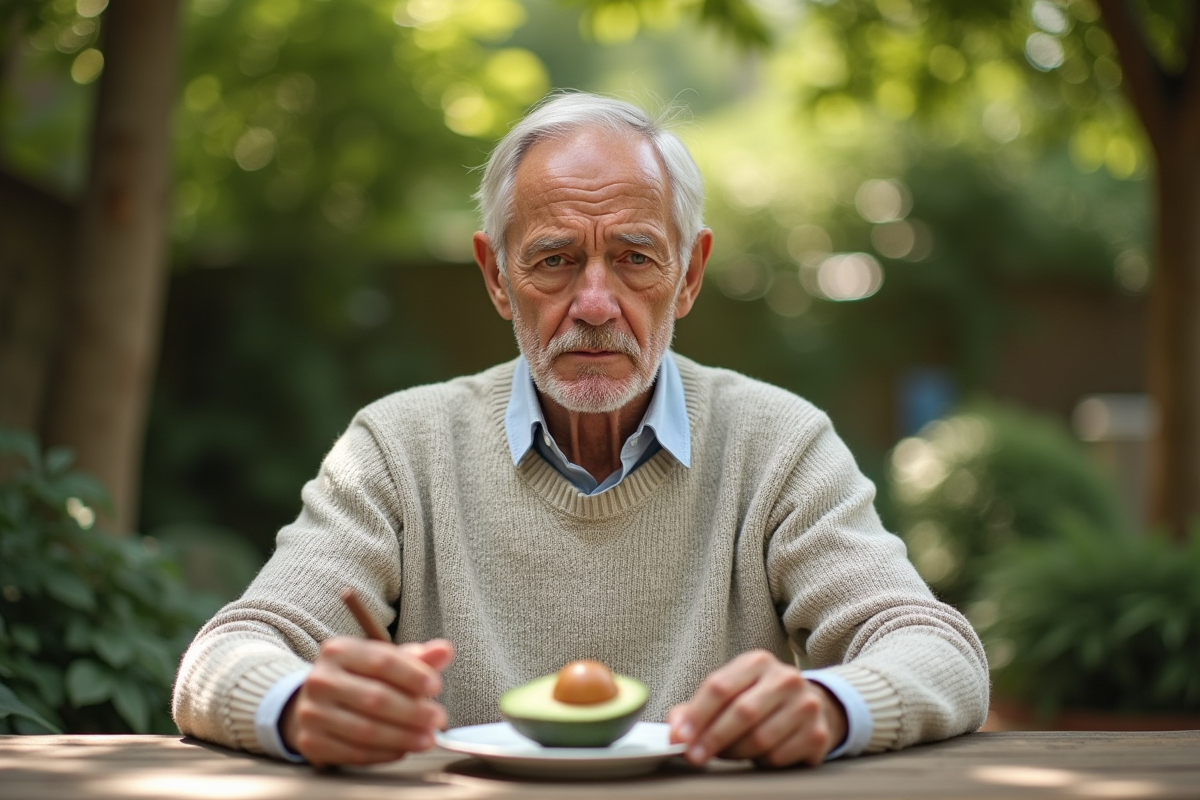 Homme âgé regarde un avocat coupé sur une table de jardin