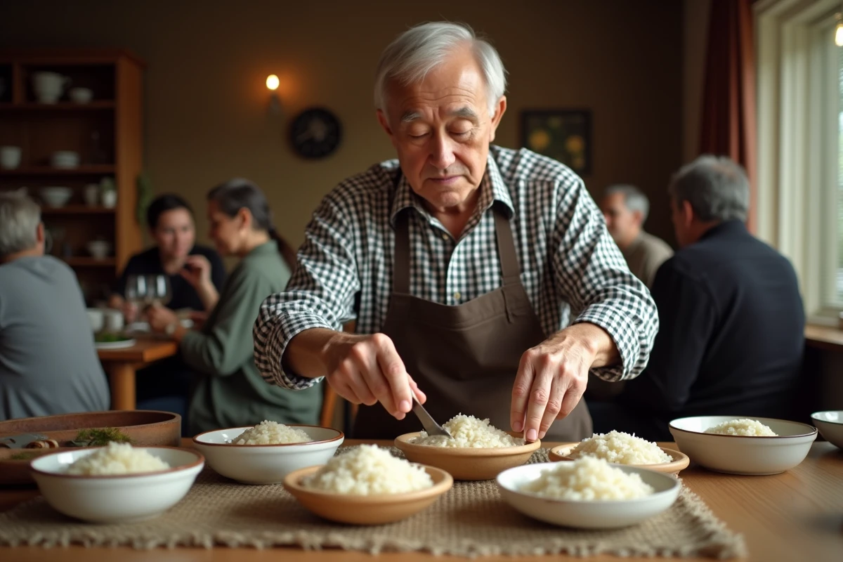 Homme âgé servant du riz dans une salle à manger chaleureuse