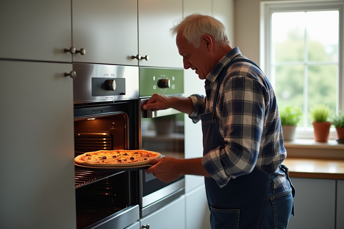 Homme âgé glissant une pierre à pizza dans un four encastré