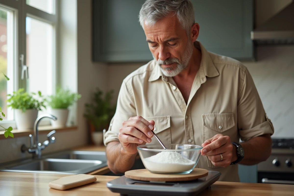 Homme vérifie une balance de cuisine avec un verre d