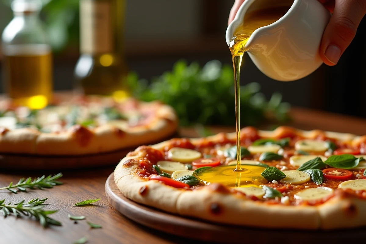 Filet d'huile d'olive extra-vierge versé en finition sur une pizza italienne fraîchement cuite